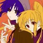  2girls beanie blonde_hair blue_hair bocchi_the_rock! brown_jacket hair_ornament hairclip hat hug ijichi_nijika jacket lllllbz multiple_girls orange_eyes purple_jacket side_ponytail v yamada_ryo yellow_eyes 