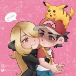  abstract_background baseball_cap blonde_hair chibi commission cumii_bakarr cynthia_(pokemon) grey_eyes hair_ornament hair_over_one_eye hat hug hug_from_behind instagram_username long_hair non-web_source pikachu pokemon pokemon_(creature) pokemon_(game) pokemon_dppt pokemon_sm red_(pokemon) shirt smile t-shirt twitter_username uwu 