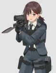  1girl absurdres artist_name black_gloves black_necktie blue_jacket blue_pants brown_eyes brown_hair bulletproof_vest chainsaw_man formal gar32 gloves gun h&amp;k_usp handgun higashiyama_kobeni highres holster jacket necktie nervous pants shirt solo suit thigh_holster underwear weapon white_background white_shirt 