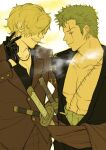  2boys black_gloves blonde_hair cigarette collarbone earrings facial_hair formal gloves green_hair haramaki highres jewelry male_focus multiple_boys necklace one_piece pectorals profile red_suit roronoa_zoro sanji_(one_piece) scar scar_across_eye scar_on_chest short_hair sideburns simple_background smile smoke smoking straw_hat_pirates suit sword urmymerlot_1205 weapon white_background yaoi 