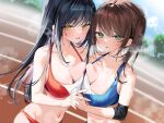  2girls bare_shoulders black_hair blurry blurry_background blush breast_press breasts brown_hair cleavage collarbone covered_nipples depth_of_field green_eyes groin heavy_breathing highres holding_hands interlocked_fingers itohana large_breasts long_hair looking_at_viewer medium_hair multiple_girls navel open_mouth original outdoors parted_lips shorts sidelocks sports_bra sweat symmetrical_docking twintails very_long_hair yellow_eyes 
