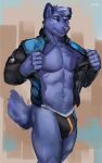  anthro blue_body blue_fur bulge canid canine canis clothed clothing fur hi_res jacket jockstrap juiceps male mammal muscular muscular_anthro muscular_male open_clothing open_jacket open_topwear partially_clothed solo topwear underwear undressing wolf 