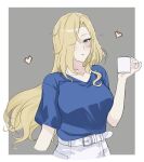  1girl belt blonde_hair blue_eyes blue_shirt breasts coffee coffee_mug collarbone cropped_torso cup heart highres hornet_(kancolle) kantai_collection large_breasts long_hair looking_at_viewer mug odachu official_alternate_costume one_eye_closed shirt simple_background solo 