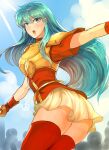  1girl aqua_eyes aqua_hair armor ass boots breastplate earrings eirika_(fire_emblem) fingerless_gloves fire_emblem fire_emblem:_the_sacred_stones gloves highres holding holding_sword holding_weapon jewelry long_hair looking_at_viewer looking_back miniskirt red_footwear red_gloves red_shirt red_thighhighs revolverwing shirt short_sleeves shoulder_armor skirt solo sunlight sword thigh_boots thighhighs weapon white_skirt zettai_ryouiki 
