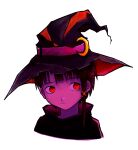  1girl alternate_costume black_jacket commentary crescent crescent_hat_ornament expressionless hat hat_ornament highres iwakura_lain jacket large_hat looking_to_the_side portrait red_eyes sano_(sano45726280) serial_experiments_lain solo white_background witch witch_hat 