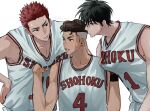  3boys basketball_jersey basketball_uniform beaker_pour bishounen black_eyes black_wristband brown_eyes brown_hair buzz_cut clothes_grab earrings hand_on_own_hip highres jewelry looking_at_another male_focus miyagi_ryouta multiple_boys pectoral_cleavage pectorals red_hair red_wristband rukawa_kaede short_hair slam_dunk_(series) sportswear stud_earrings sweat tank_top toned toned_male undercut upper_body very_short_hair wavy_hair white_background white_tank_top 