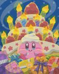  birthday_cake blue_eyes blush_stickers cake candle closed_mouth fire food food_focus gift happy highres kirby kirby_(series) miclot no_humans pink_footwear shoes smile sparkling_eyes star_(symbol) 
