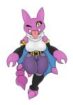  anthro armwear belt blinking bottomwear claws clothing fangs female generation_2_pokemon gligar hi_res legwear nintendo pants pokeball pokemon pokemon_(species) purple_body scarf shirt simple_background solo stinger tail teeth tongue tongue_out topwear urusee584 white_background wings yellow_eyes 