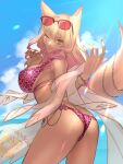  1girl absurdres animal_ears animal_print ass bikini blonde_hair blue_sky breasts chain cloud commentary_request day eyewear_on_head fate/grand_order fate_(series) fingernails fox_ears fox_tail grin hair_between_eyes highres index_finger_raised large_breasts leopard_print lips long_hair looking_at_viewer multicolored_hair outdoors parted_lips pink-tinted_eyewear pink_bikini pink_hair pink_lips pink_nails print_bikini ri-ko seductive_smile sky smile solo sunglasses sunlight suzuka_gozen_(fate) suzuka_gozen_(swimsuit_rider)_(fate) swimsuit tail tan tinted_eyewear two-tone_hair yellow_eyes 