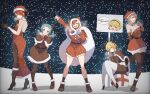  5girls aegis_(persona) animal_costume antlers aqua_hair arm_up blonde_hair blue_eyes blush boots breath brown_capelet brown_footwear brown_gloves brown_hair brown_pantyhose brown_thighhighs capelet closed_eyes closed_mouth commentary_request dress earrings elbow_gloves english_text from_side full_body fur-trimmed_boots fur-trimmed_dress fur-trimmed_headwear fur_trim gift gloves hair_over_one_eye hand_up hat high_heels highres jewelry kirijou_mitsuru knee_boots knees_together_feet_apart leaning_forward legs long_hair long_sleeves looking_at_viewer medium_hair merry_christmas multiple_girls open_mouth outdoors pantyhose persona persona_3 red_dress red_eyes red_gloves red_hair red_shorts reindeer_antlers reindeer_costume santa_costume santa_hat shiomi_kotone short_dress short_hair shorts sidelocks sign sitting sleeveless snowing standing standing_on_one_leg stiletto_heels strapless strapless_dress stud_earrings takeba_yukari teeth thighhighs thighs twitter_username upper_teeth_only yamagishi_fuuka yuyuy_00 