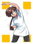  1girl alternate_costume aqua_eyes black_pants blush breasts brown_hair commentary exercise highres kuonji_ukyou long_hair medium_hair open_mouth pants ranma_1/2 shirt short_sleeves solo square stretching sweat symbol-only_commentary t-shirt wanta_(futoshi) white_background white_shirt 