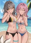  2girls :q ^_^ bare_arms bare_shoulders bikini blue_sky breasts cleavage closed_eyes cloud commentary_request day double_v grey_hair hair_between_eyes hands_up highres honkai:_star_rail honkai_(series) long_hair looking_at_viewer march_7th_(honkai:_star_rail) medium_breasts multiple_girls navel ocean parted_lips pink_hair sky stelle_(honkai:_star_rail) stomach swimsuit thigh_strap thighs tongue tongue_out trailblazer_(honkai:_star_rail) v vickie_(cryingrobot) water yellow_eyes 