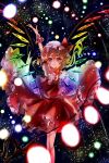  bow closed_mouth collared_shirt danmaku dark_background don_(gsft3523) feet_out_of_frame flandre_scarlet frilled_shirt_collar frilled_skirt frills glowing glowing_wings hat hat_bow holding holding_polearm holding_weapon laevatein_(touhou) long_hair looking_at_viewer mob_cap multicolored_wings one_side_up polearm puffy_short_sleeves puffy_sleeves rainbow_order red_bow red_eyes red_ribbon red_skirt red_vest ribbon shirt short_sleeves skirt skirt_set sleeve_ribbon spell_card touhou vest weapon white_headwear white_shirt wings wrist_cuffs 