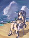  1girl absurdres ball_gag bdsm beach beach_chair black_hair blindfold blush bondage bound braid breasts cuffs full_body gag green_eyes hair_ribbon highres long_hair looking_at_another medium_breasts multiple_girls neptune_(series) nero_augustus noire_(neptune_series) outdoors pussy_juice restrained ribbon saliva shackles shin_jigen_game_neptune_vii sitting sweat twin_braids twintails very_long_hair 