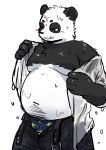  2023 anthro bear belly big_belly black_body black_nose blush bottomwear clothing giant_panda hi_res humanoid_hands kemono male mammal moobs navel overweight overweight_male pants simple_background solo tobyou_222 underwear wet white_background white_body 
