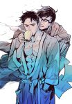  2boys abs bara batman_(series) bruce_wayne clark_kent closed_eyes coat cup dc_comics glasses haining hand_in_pocket holding holding_cup large_pectorals male_focus multiple_boys muscular muscular_male navel pectorals short_hair simple_background smile superman_(series) white_background yaoi 