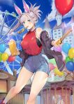  1girl alternate_costume amusement_park animal_ears balloon bare_shoulders black_jacket blue_eyes blue_shorts blue_sky blush breasts carousel castle churro cloud day fake_animal_ears fate/grand_order fate_(series) ferris_wheel food high-waist_shorts highres holding holding_food jacket large_breasts long_hair looking_at_viewer medium_breasts miyamoto_musashi_(fate) mouth_hold nakaga_eri off_shoulder open_clothes open_jacket outdoors pink_hair ponytail popcorn rabbit_ears red_shirt shirt shorts sky solo swept_bangs thighs 