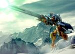  beam_cannon cloud commentary_request dutch_angle energy firing g-arcane glowing green_eyes green_light gudon_(iukhzl) gundam gundam_g_no_reconguista mecha mobile_suit mountainous_horizon no_humans photo_background photoshop_(medium) realistic robot snow 