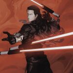  1boy absurdres black_bodysuit black_hair bodysuit cowboy_shot dust energy_sword fate/grand_order fate_(series) gloves highres holding_lightsaber lightsaber long_hair looking_at_viewer looking_back male_focus nikola_tesla_(fate) red_background science_fiction solo star_wars sword viscontiapclyps weapon yellow_eyes 