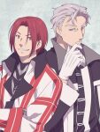  2boys artist_request closed_mouth coat culgan_(suikoden) gensou_suikoden gensou_suikoden_ii gloves looking_at_viewer male_focus multiple_boys red_eyes red_hair seed_(suikoden) short_hair smile white_gloves white_hair 