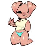  2023 anthro blue_clothing blue_panties blue_underwear clothing domestic_pig female gesture kneeling lilmoonie mammal oinky_(lilmoonie) one_eye_closed panties pink_body pink_skin simple_background solo suid suina sus_(pig) underwear v_sign white_background wink 