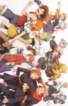  6+boys 6+girls :d agatsuma_zenitsu annoyed black_hair blonde_hair boar_mask brown_hair chainsaw_man commentary_request crossover denji_(chainsaw_man) eating eyelashes fushiguro_megumi gintama green_hair happy haruno_sakura hashibira_inosuke hat hayakawa_aki high_ponytail highres itadori_yuuji jacket japanese_clothes jujutsu_kaisen kagura_(gintama) kamado_tanjirou kimetsu_no_yaiba kugisaki_nobara long_hair long_sleeves mask medium_hair monkey_d._luffy multiple_boys multiple_girls nami_(one_piece) naruto naruto_(series) necktie oekakiboya one_piece open_mouth orange_hair pink_hair ponytail power_(chainsaw_man) red_hair red_shirt roronoa_zoro sakata_gintoki sandals scar scar_on_face shimura_shinpachi shirt short_hair shounen_jump sideways simple_background skirt smile spiked_hair straw_hat sword trait_connection uchiha_sasuke uniform uzumaki_naruto weapon weekly_shounen_jump white_background white_shirt yellow_skirt 