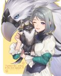  1girl beak chocobo dog final_fantasy final_fantasy_xvi frilled_sleeves frills grey_eyes grey_hair jill_warrick ohse one_eye_closed open_mouth puppy short_hair smile teeth torgal_(ff16) upper_body upper_teeth_only waving wolf wolf_paws 