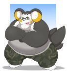  2023 anthro belly big_belly black_body bottomwear clothing emolga eyewear generation_5_pokemon glasses hi_res kemono kusosensei male nintendo overweight overweight_male pants pokemon pokemon_(species) shirt solo topwear white_body 