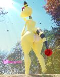  ampharos anthro big_butt black_eyes butt forest generation_2_pokemon hi_res huge_butt light looking_back male nature nintendo plant pokemon pokemon_(species) renyartz solo striped_body stripes sunlight tail thick_thighs tree walking yellow_body 