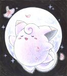  1other blush_stickers clefairy closed_eyes colored_pencil_(medium) creature falling_petals fang flower full_moon kokyuuki_(6345) moon night no_humans open_mouth petals pink_flower pokemon star_(symbol) traditional_media 