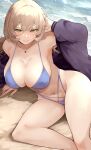  1girl arm_behind_head arm_support armpits beach bikini blonde_hair blue_bikini blush breasts cardigan cleavage collarbone curvy fang feet_out_of_frame halterneck highres large_breasts long_hair looking_at_viewer navel nijisanji nui_sociere open_cardigan open_clothes outdoors purple_cardigan sitting skin_fang smile solo swimsuit very_long_hair yamanoko_19517 