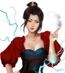  1girl avatar:_the_last_airbender avatar_legends azula breasts brown_eyes brown_hair character_name cleavage hair_bun highres jewelry jyundee lightning lipstick long_hair looking_at_viewer makeup medium_breasts necklace orange_eyes orange_lips puffy_short_sleeves puffy_sleeves realistic short_sleeves simple_background single_hair_bun white_background 