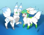  2017 3_fingers 3_toes black_nose blue_body blue_fur blush cream_(umbreon) cute_fangs duo eeveelution feet female feral fingers flower fur generation_2_pokemon generation_4_pokemon green_eyes green_hair hair honey_(shaymin) legendary_pokemon looking_at_viewer male nintendo open_mouth paws plant pokemon pokemon_(species) pose red_eyes shaymin shikaro simple_background sky_forme_shaymin toes tongue umbreon white_body white_fur 