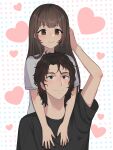  1boy 1girl black_shirt brown_eyes brown_hair closed_mouth couple grey_shirt highres long_hair original shirt short_hair short_sleeves simple_background smile t-shirt valentine vickie_(cryingrobot) vickie_(cryingrobot)_(character) 