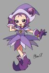  1girl :d commentary_request dress full_body gloves grey_background guruo_(gur_sp) hand_on_headwear hand_up hat looking_at_viewer magical_girl ojamajo_doremi one_side_up open_mouth outstretched_arm pointy_footwear purple_dress purple_eyes purple_footwear purple_gloves purple_hair purple_headwear segawa_onpu short_hair signature simple_background smile solo standing witch_hat 
