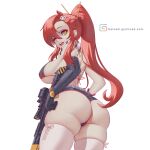  1girl absurdres ass bikini bikini_top_only blush breasts gloves gun hair_ornament highres holding holding_gun holding_weapon large_breasts long_hair melowh one_eye_closed open_mouth ponytail red_hair scarf short_shorts shorts skull_hair_ornament solo swimsuit tengen_toppa_gurren_lagann thighhighs thighs weapon yellow_eyes yoko_littner 