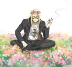  1boy black_jacket black_nails blonde_hair cigarette collarbone cosmology_(mgncosmo) fate/grand_order fate_(series) field flapper_shirt flower flower_field full_body holding holding_cigarette jacket long_hair long_sleeves looking_at_viewer male_focus medallion midriff midriff_peek open_clothes open_jacket orange-tinted_eyewear shirt sitting smoke solo sunglasses tezcatlipoca_(fate) tinted_eyewear white_shirt 