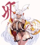  1girl animal_ears black_leotard black_nails black_see-through_leotard bow bowtie breasts dark-skinned_female dark_skin detached_sleeves elbow_gloves erune gloves gollizo granblue_fantasy highres large_breasts leotard long_hair looking_at_viewer makura_(granblue_fantasy) navel rabbit_ears rabbit_girl ribbon see-through see-through_leotard see-through_skirt skirt smile solo thighs white_bow white_bowtie white_hair white_ribbon yellow_eyes 