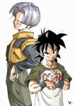  2boys belt black_hair blue_eyes brown_belt dragon_ball green_pants green_shirt grey_shirt highres kakeru_(dbskakeru) looking_at_viewer messy_hair multiple_boys pants shirt short_hair short_sleeves simple_background son_goku toriyama_akira_(style) trunks_(dragon_ball) two-tone_shirt vest white_background white_hair white_shirt wristband yellow_vest 