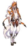  1boy animal_ears boots choker dark-skinned_male dark_skin full_body fur_collar gloves green_eyes hair_between_eyes hood hood_up jacket katagiri_hachigou lycanroc lycanroc_(dusk) male_focus open_clothes open_jacket orange_hair orange_jacket personification pokemon shirt short_hair simple_background solo tail white_background white_choker white_gloves white_shirt white_tail wolf_boy wolf_ears wolf_tail 