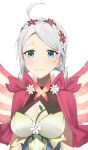  1girl absurdres ahoge blue_eyes bodystocking braid breasts capelet cleavage closed_mouth commission commissioner_upload fairy fairy_wings fire_emblem fire_emblem_fates fire_emblem_heroes flower grey_hair hair_flower hair_ornament hairband harness highres looking_at_viewer low_twin_braids medium_breasts muricha nina_(fire_emblem) nina_(resplendent)_(fire_emblem) non-web_source official_alternate_costume parted_bangs pink_capelet pink_flower plant solo twin_braids upper_body vines white_flower wings 