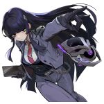  1girl artist_request belt black_eyes black_gloves black_hair blazer chain collared_shirt drone expressionless fox_shadow_puppet gloves hair_ornament highres hime_cut holding holding_tablet_pc jacket long_hair looking_at_viewer nao_(omega_strikers) necktie official_art omega_strikers pants red_necktie shirt simple_background solo suit tablet_pc thigh_gap white_shirt 