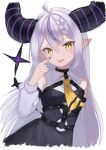  1girl absurdres ascot bare_shoulders black_horns black_nails braid braided_bangs detached_sleeves grey_hair highres hololive horns la+_darknesss la+_darknesss_(1st_costume) long_hair multicolored_hair o-ring pointy_ears purple_hair streaked_hair striped_horns tongue tongue_out virtual_youtuber yellow_ascot yuha_(kanayuzu611) 