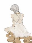  1boy alternate_costume bare_shoulders dark_souls_(series) dark_souls_i dark_sun_gwyndolin dress from_behind grey_hair highres jewelry male_focus necklace short_hair simple_background sitting sleeveless sleeveless_dress solo white_background white_dress zunkome 