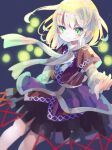  1girl arm_warmers blonde_hair blue_background brown_shirt closed_mouth dark_background dot_mouth dot_nose feet_out_of_frame green_eyes hiyuu_(hiyualice) looking_at_viewer medium_hair mizuhashi_parsee purple_skirt scarf shirt short_sleeves simple_background skirt solo touhou white_arm_warmers white_scarf 