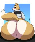  2023 absurd_res anthro big_butt biped blush butt canid canine digital_media_(artwork) fox fox_mccloud hi_res huge_butt ll-ss looking_back male mammal nintendo nude rear_view simple_background solo star_fox thick_thighs wide_hips 