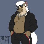  1:1 2023 anthro eyewear hair hi_res hyena jackpotyeen looking_at_viewer male mammal simple_background smile solo spotted_hyena sunglasses white_hair 