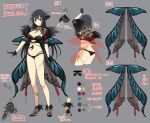  1girl alternate_costume ass black_bra black_hair black_panties blue_eyes blush bra breasts butterfly_hair_ornament butterfly_wings cleavage color_guide concept_art feathers gloves hair_ornament high_heels highres ikaruga_(senran_kagura) large_breasts lingerie long_hair looking_at_viewer midriff official_alternate_costume official_art panties senran_kagura senran_kagura_new_link senran_kagura_shoujo-tachi_no_shin&#039;ei solo thigh_strap translation_request underwear wings yaegashi_nan 