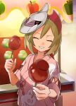  1girl alternate_costume apple blonde_hair candy_apple closed_eyes commentary_request food fruit green_apple grin hair_between_eyes hairband highres holding irida_(pokemon) japanese_clothes kimono looking_at_viewer mask mask_on_head mikan_(mikan_no_happa) palkia pokemon pokemon_(game) pokemon_legends:_arceus red_apple red_hairband short_hair smile solo teeth yukata 