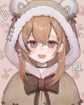  1girl :d animal_hood bear_hood berry brown_capelet brown_eyes brown_hair capelet crossed_bangs drawn_ears fruit_background fur_trim highres hololive hololive_english hood long_hair looking_at_viewer multicolored_hair nanashi_mumei notice_lines official_alternate_costume portrait ribbon simple_background smile sparkle streaked_hair szuukie virtual_youtuber 